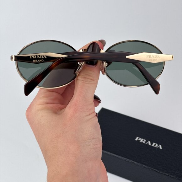 Prada PR65ZS ZVN70L BRAND NEW Sunglasses Pale Gold Dark Green Oval Metal Unisex - Picture 3 of 11